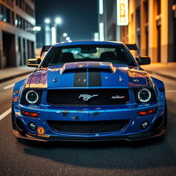 A striking blue 2006 Ford Mustang rat rod, equipped with a very aggressive widebody kit and a large rear spoiler, commands attention with its bold presence