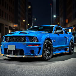 A striking blue 2006 Ford Mustang rat rod, equipped with a very aggressive widebody kit and a large rear spoiler, commands attention with its bold presence