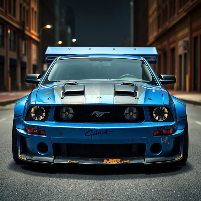 A striking blue 2006 Ford Mustang rat rod, equipped with a very aggressive widebody kit and a large rear spoiler, commands attention with its bold presence