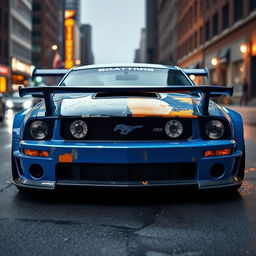 A striking blue 2006 Ford Mustang rat rod, equipped with a very aggressive widebody kit and a large rear spoiler, commands attention with its bold presence