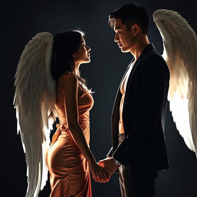 A romantic scene featuring a brown Sri Lankan woman with long, elegant angel wings, dressed in a fashionable and shiny dress that conveys high fashion, alongside a tall, lean Korean man with white skin tone