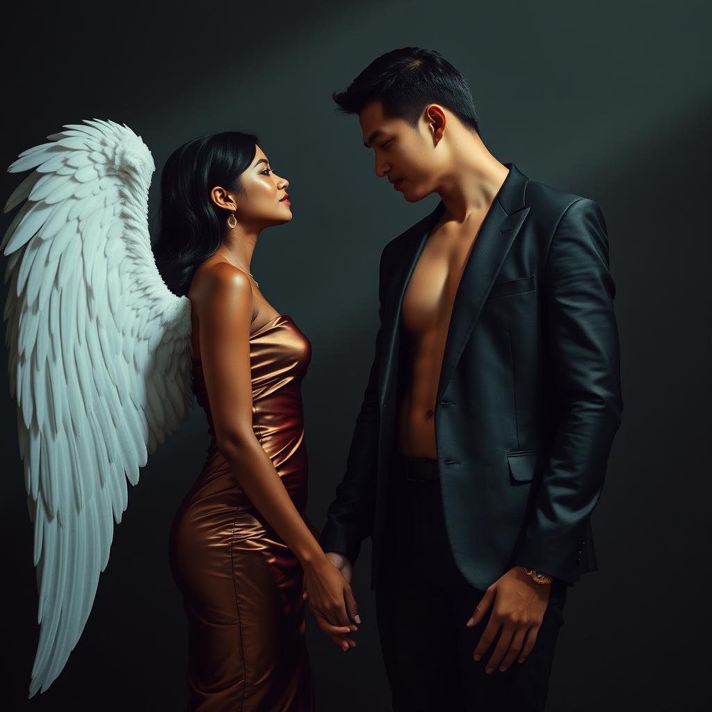 A romantic scene featuring a brown Sri Lankan woman with long, elegant angel wings, dressed in a fashionable and shiny dress that conveys high fashion, alongside a tall, lean Korean man with white skin tone