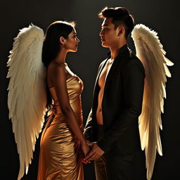 A romantic scene featuring a brown Sri Lankan woman with long, elegant angel wings, dressed in a fashionable and shiny dress that conveys high fashion, alongside a tall, lean Korean man with white skin tone
