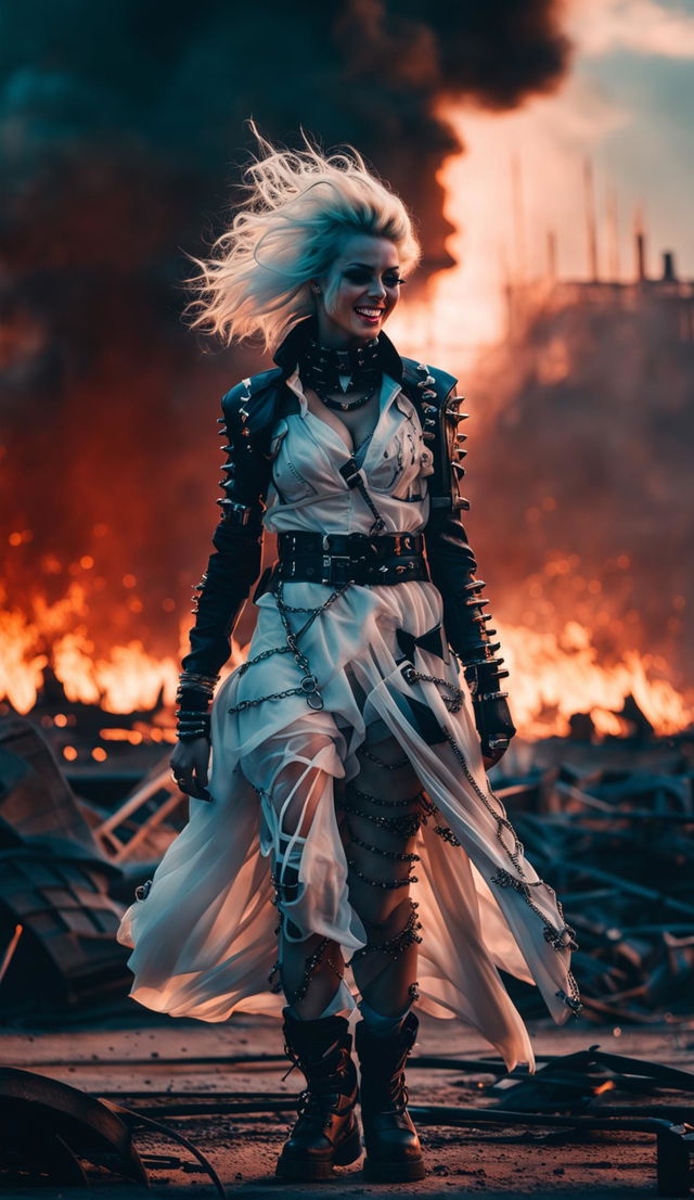 Ghostpunk scene shot with a Canon EOS 5DS and 85mm f/1.2 lens, featuring a laughing woman and a burning city under a dramatic sky.