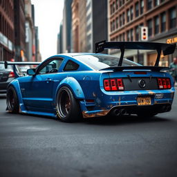 A blue 2006 Ford Mustang rat rod featuring a very aggressive widebody kit and a large rear spoiler