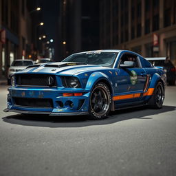 A blue 2006 Ford Mustang rat rod featuring a very aggressive widebody kit and a large rear spoiler