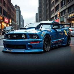 A blue 2006 Ford Mustang rat rod featuring a very aggressive widebody kit and a large rear spoiler