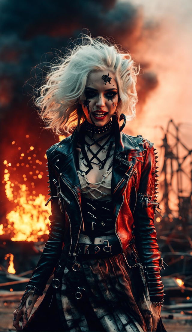 Insane yet beautiful Ghostpunk woman in a red ripped dress and black leather jacket, shot with a Canon EOS 5DS and 85mm f/1.2 lens, against a burning city and dramatic sky.