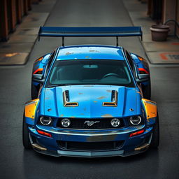A blue 2006 Ford Mustang rat rod featuring a very aggressive widebody kit and a large rear spoiler