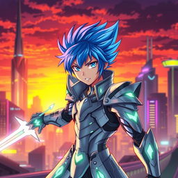 Anime character with bright blue hair styled in a spiky fashion, wearing a futuristic, sleek silver armor