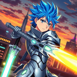 Anime character with bright blue hair styled in a spiky fashion, wearing a futuristic, sleek silver armor