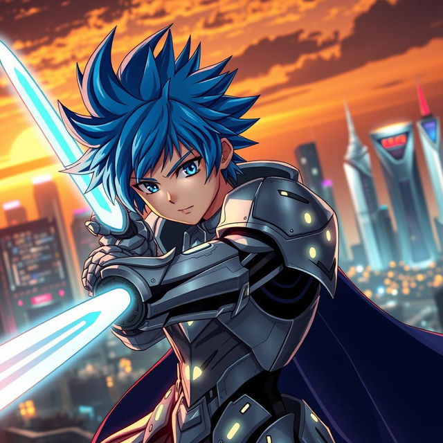 Anime character with bright blue hair styled in a spiky fashion, wearing a futuristic, sleek silver armor