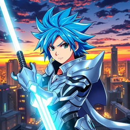 Anime character with bright blue hair styled in a spiky fashion, wearing a futuristic, sleek silver armor