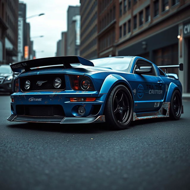 A blue 2006 Ford Mustang rat rod featuring a very aggressive widebody kit and a large rear spoiler