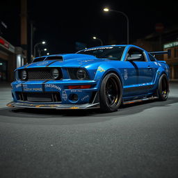 A blue 2006 Ford Mustang rat rod featuring a very aggressive widebody kit and a large rear spoiler