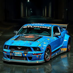 A blue 2006 Ford Mustang rat rod featuring a very aggressive widebody kit and a large rear spoiler