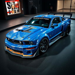 A blue 2006 Ford Mustang rat rod featuring a very aggressive widebody kit and a large rear spoiler