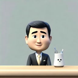 Create a detailed 3D Memoji of a Japanese businessman using a Pixar animation style. Emphasize the face and eyes with a close-up view and high detail rendering, effectively portraying his businesslike demeanor.