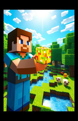 A detailed and colorful Minecraft scene showcasing the player character holding a handblock item