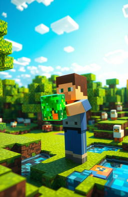 A detailed and colorful Minecraft scene showcasing the player character holding a handblock item