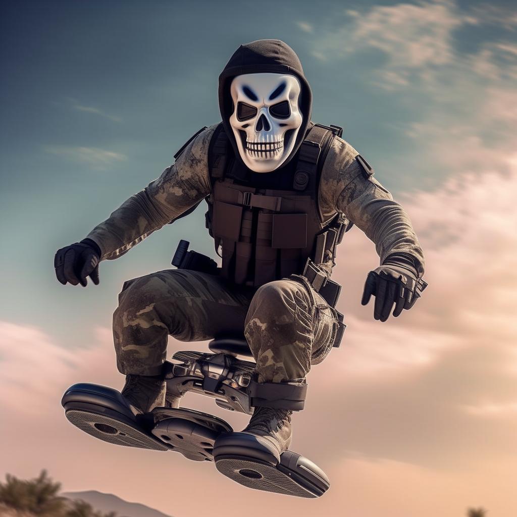 A rifle-armed kidnapper donned in a skeleton face mask and standard bullet-proof vest, daringly gliding on a hover-board in the expansive sky.