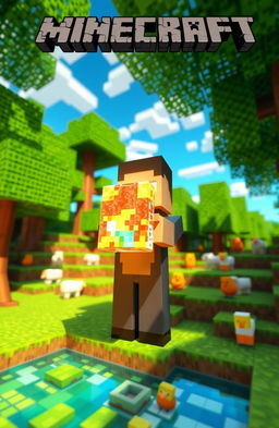 A detailed and colorful Minecraft scene showcasing the player character holding a handblock item