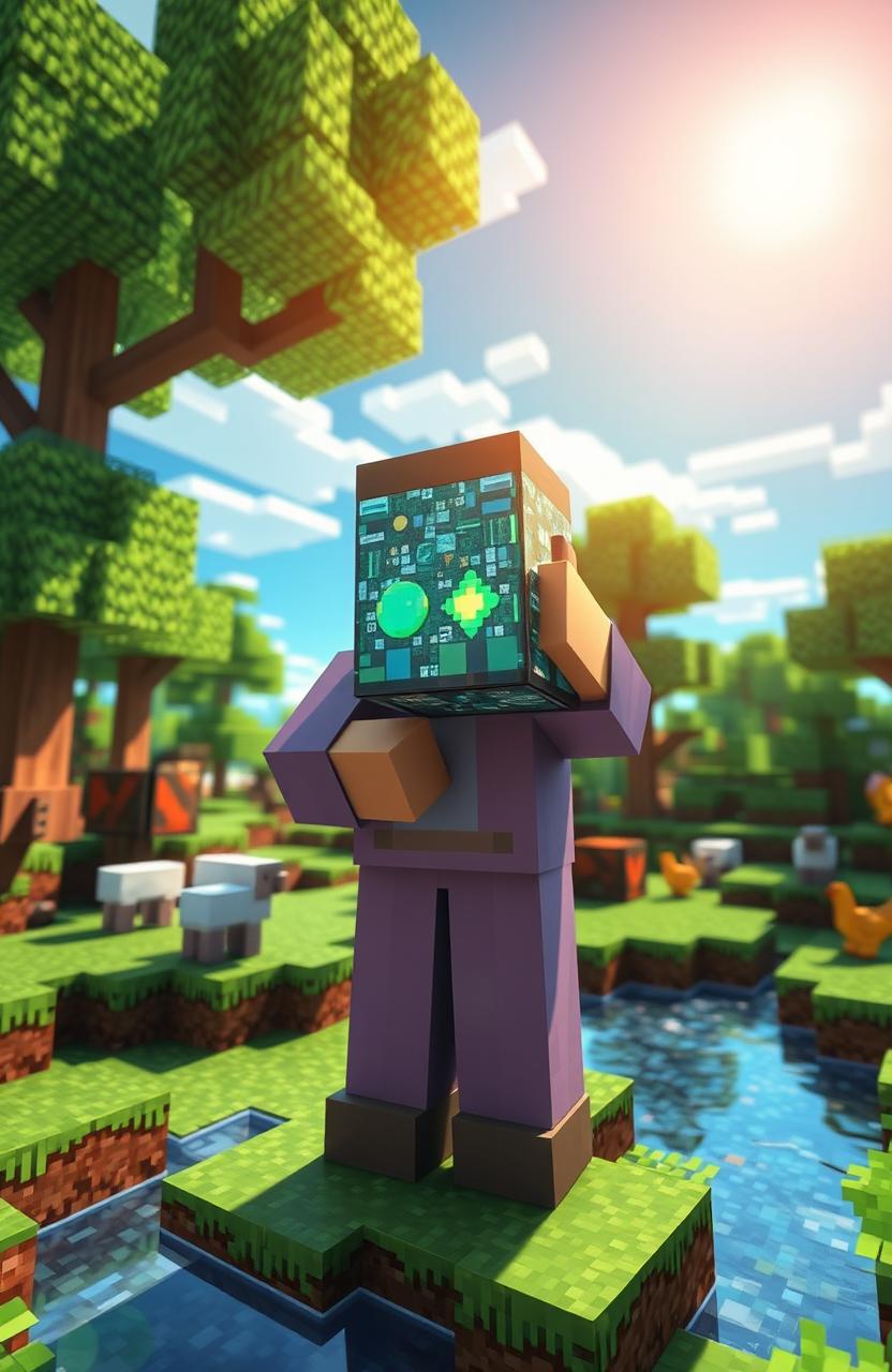 A detailed and colorful Minecraft scene showcasing the player character holding a handblock item