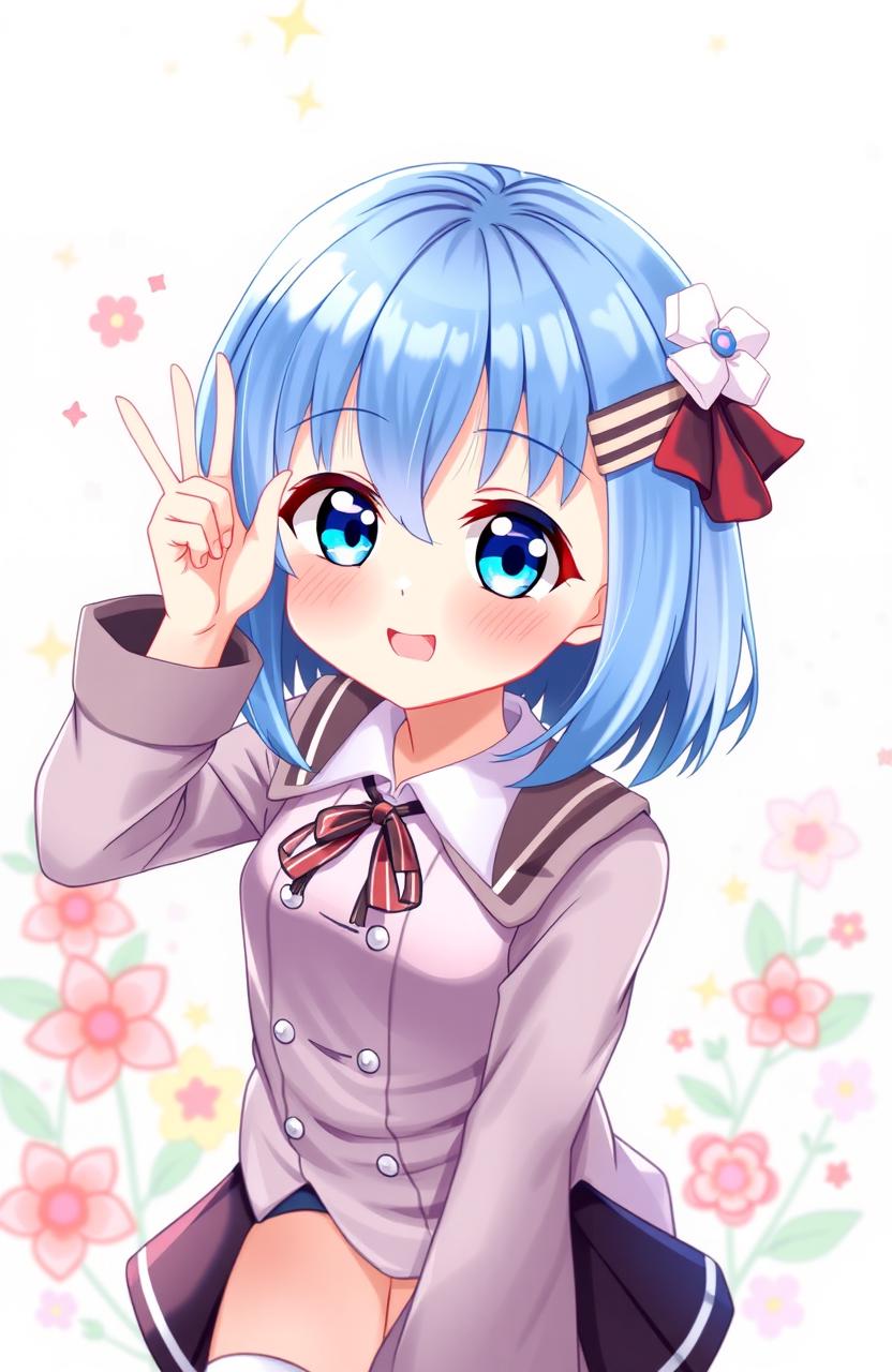 A cute anime girl with shoulder-length blue hair and bright blue eyes, depicted in a playful and cheerful pose