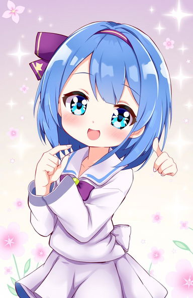 A cute anime girl with shoulder-length blue hair and bright blue eyes, depicted in a playful and cheerful pose