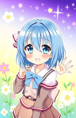 A cute anime girl with shoulder-length blue hair and bright blue eyes, depicted in a playful and cheerful pose