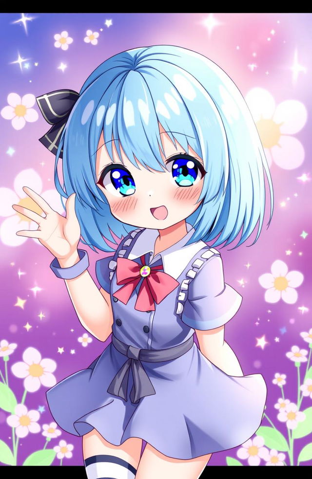 A cute anime girl with shoulder-length blue hair and bright blue eyes, depicted in a playful and cheerful pose