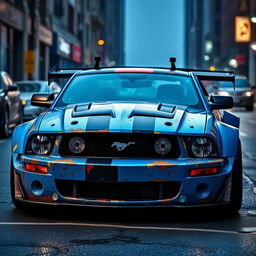 A blue 2006 Ford Mustang rat rod showcasing a very aggressive widebody kit and a large rear spoiler