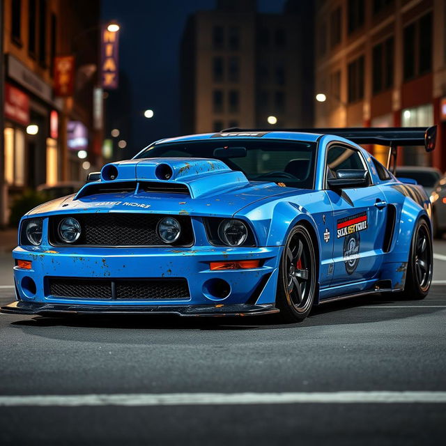 A blue 2006 Ford Mustang rat rod showcasing a very aggressive widebody kit and a large rear spoiler