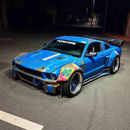 A blue 2006 Ford Mustang rat rod showcasing a very aggressive widebody kit and a large rear spoiler