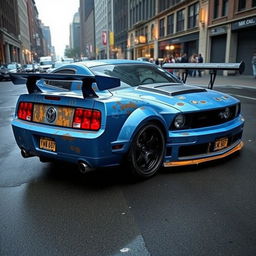 A blue 2006 Ford Mustang rat rod showcasing a very aggressive widebody kit and a large rear spoiler