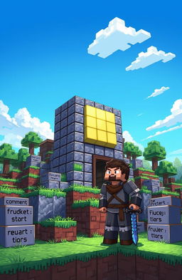 A detailed illustration showcasing a pixelated Minecraft-style command structure, featuring intricate blocks arranged in a colorful landscape
