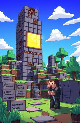 A detailed illustration showcasing a pixelated Minecraft-style command structure, featuring intricate blocks arranged in a colorful landscape