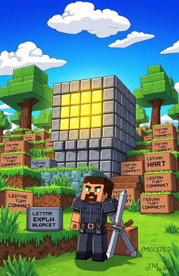A detailed illustration showcasing a pixelated Minecraft-style command structure, featuring intricate blocks arranged in a colorful landscape