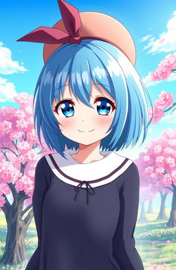 An image of a cute anime girl who is not very tall, featuring shoulder-length blue hair and bright blue eyes