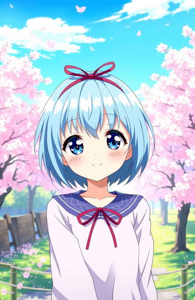 An image of a cute anime girl who is not very tall, featuring shoulder-length blue hair and bright blue eyes