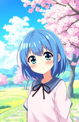 An image of a cute anime girl who is not very tall, featuring shoulder-length blue hair and bright blue eyes
