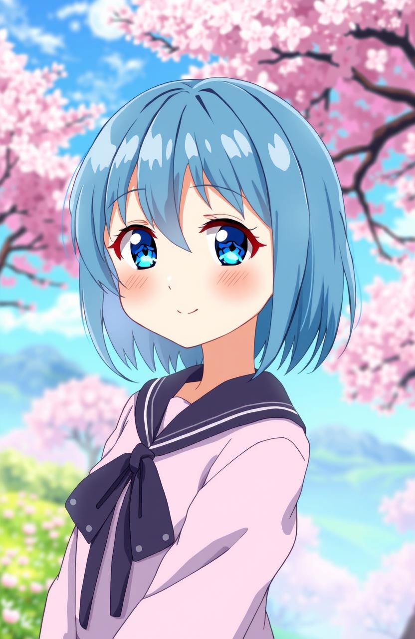 An image of a cute anime girl who is not very tall, featuring shoulder-length blue hair and bright blue eyes