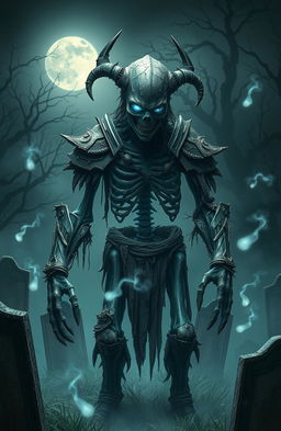 A zombie mythical creature embodying the theme of "The Undying Truth", intricately designed with tattered ancient armor, glowing ethereal blue eyes, and decaying skin revealing skeletal features