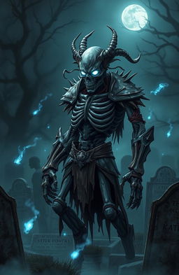 A zombie mythical creature embodying the theme of "The Undying Truth", intricately designed with tattered ancient armor, glowing ethereal blue eyes, and decaying skin revealing skeletal features