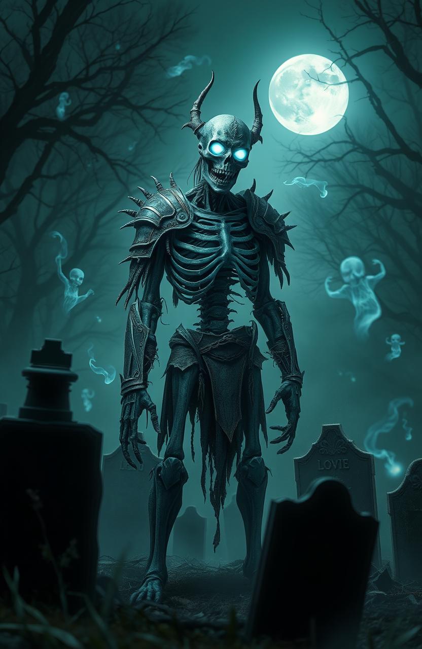 A zombie mythical creature embodying the theme of "The Undying Truth", intricately designed with tattered ancient armor, glowing ethereal blue eyes, and decaying skin revealing skeletal features