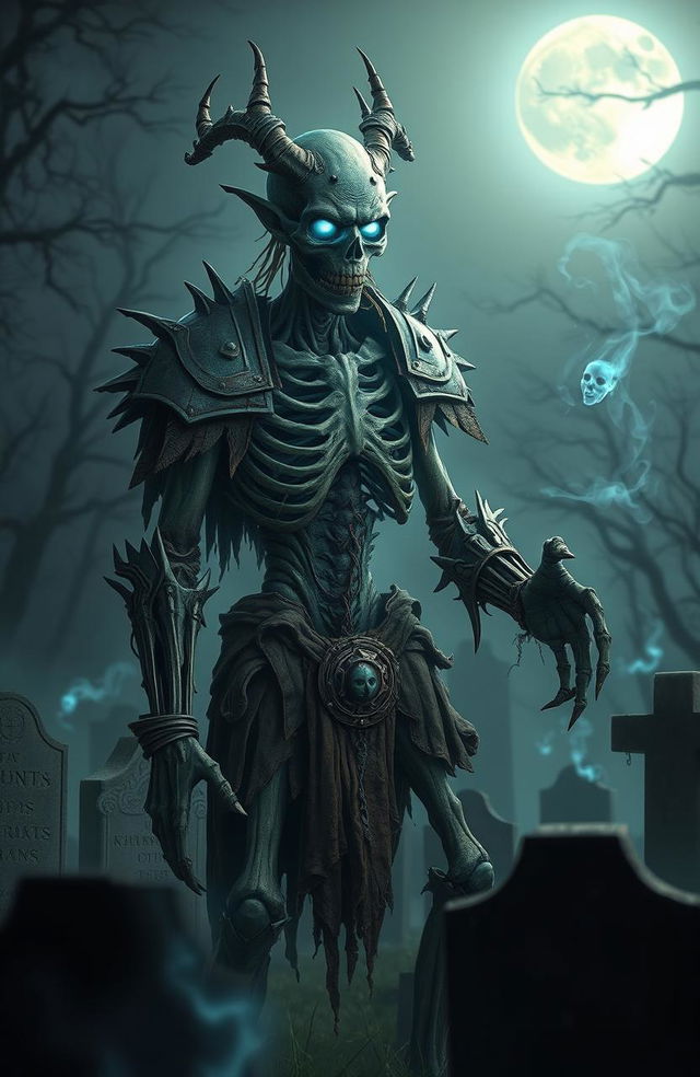 A zombie mythical creature embodying the theme of "The Undying Truth", intricately designed with tattered ancient armor, glowing ethereal blue eyes, and decaying skin revealing skeletal features