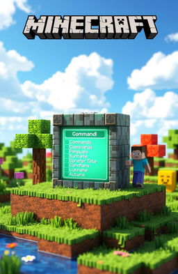 A detailed Minecraft command block in a vibrant, pixelated 3D world