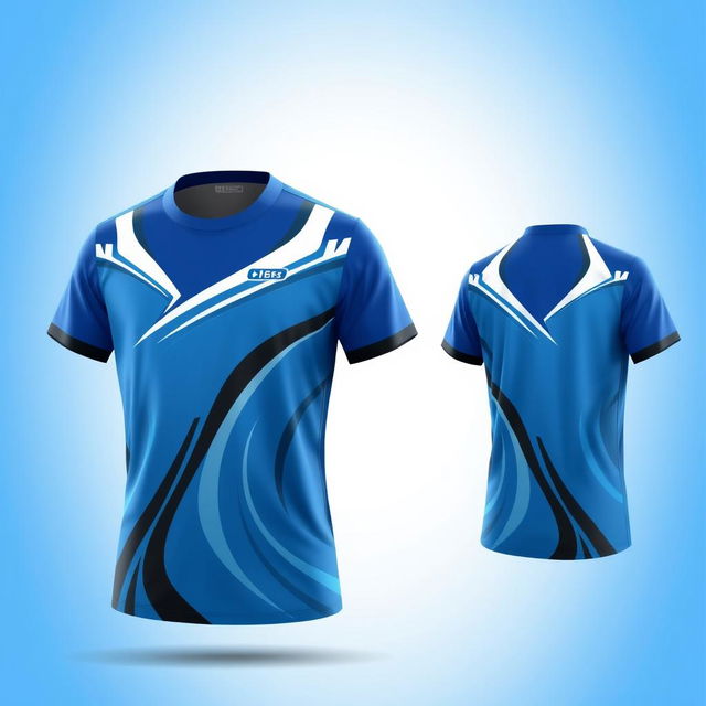 A stylish badminton jersey design featuring a dominant blue color