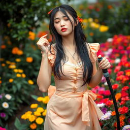 A 27-year-old Chinese maid girl, stunningly beautiful and seductive, watering a vibrant garden filled with colorful flowers
