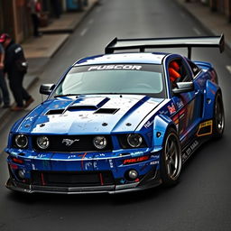 A blue 2006 Ford Mustang drift car featuring a very aggressive widebody kit and a large rear spoiler